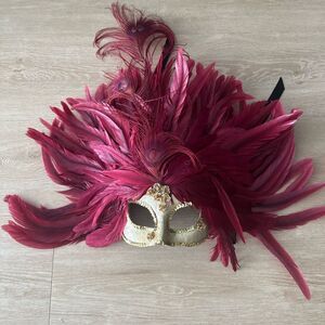 Stunning Venetian masquerade mask gold and red feather and sequin